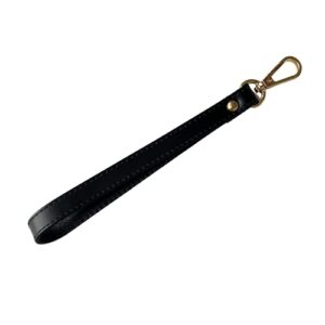 replacement black leather wrist strap for clutch, purse or pouch with gold buckle