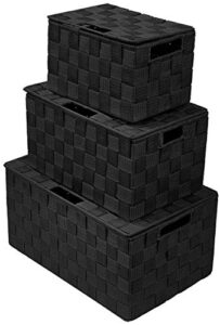 sorbus foldable storage cube woven basket bin set – built-in carry handles – great for home organization, nursery, playroom, closet, dorm, etc (lid bins – 3 pack, black)