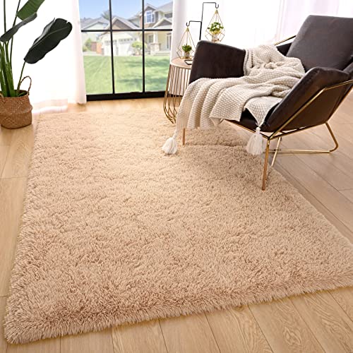 Balacho Modern Soft Shaggy Rugs Fluffy Bedroom Carpet 4x6 Feet Beige, Indoor Shag Fuzzy Area Rug for Living Room Nursery Girls Dorm Apartment Plush Decor, Kids Anti-Skid Play Floor Mat