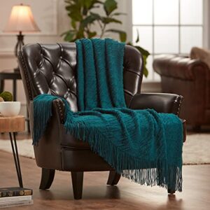 chanasya teal throw blanket with tassels – acrylic knitted super soft fluffy warm cozy lightweight chic boho blanket for bed sofa chair couch cover living bed room (50×65 inches) deep teal