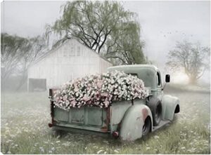 fine art canvas sage green truck with blush petunias canvas print by artist lori deiter for living room, bedroom, bathroom, kitchen, office, bar, dining & guest room – ready to hang – 43inw x 32inh