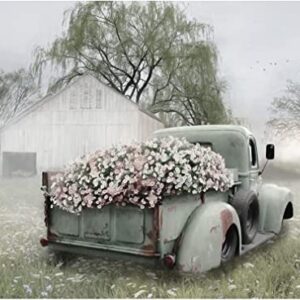 Fine Art Canvas Sage Green Truck with Blush Petunias Canvas Print by Artist Lori Deiter for Living Room, Bedroom, Bathroom, Kitchen, Office, Bar, Dining & Guest Room - Ready to Hang - 43InW x 32InH