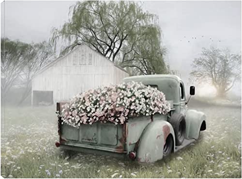 Fine Art Canvas Sage Green Truck with Blush Petunias Canvas Print by Artist Lori Deiter for Living Room, Bedroom, Bathroom, Kitchen, Office, Bar, Dining & Guest Room - Ready to Hang - 43InW x 32InH