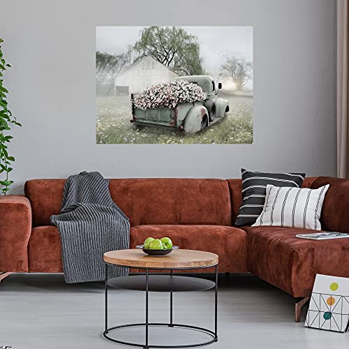 Fine Art Canvas Sage Green Truck with Blush Petunias Canvas Print by Artist Lori Deiter for Living Room, Bedroom, Bathroom, Kitchen, Office, Bar, Dining & Guest Room - Ready to Hang - 43InW x 32InH