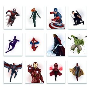set of 12 superhero posters – ant-man – falcon – hulk – wanda – black widow – iron man – hawkeye- spider-man – black panther – captain america – thor and vision (concept art style, 8×10)