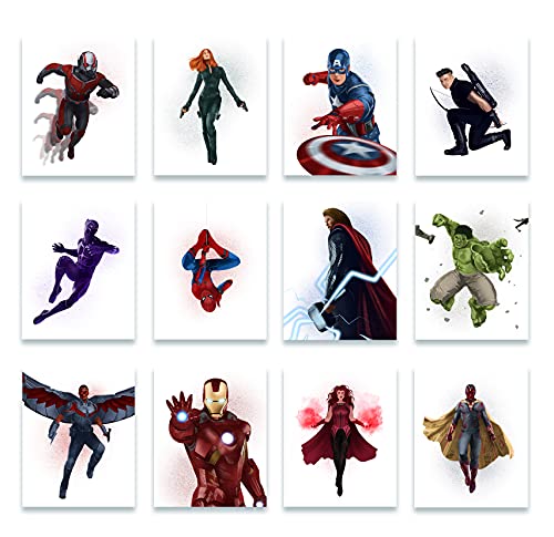 Set of 12 Superhero Posters - Ant-Man - Falcon - Hulk - Wanda - Black Widow - Iron Man - Hawkeye- Spider-Man - Black Panther - Captain America - Thor and Vision (Concept art style, 8x10)