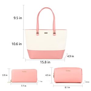 Tote Handbags Purses Cosmetic Bags 3pcs Set for Women, Simply and Quickly Make up or Touch up Anytime and Anywhere (Off-white/Pink)