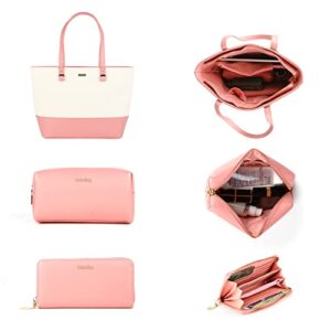 Tote Handbags Purses Cosmetic Bags 3pcs Set for Women, Simply and Quickly Make up or Touch up Anytime and Anywhere (Off-white/Pink)