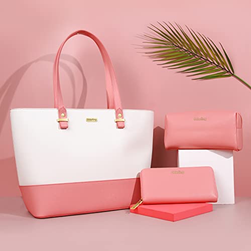 Tote Handbags Purses Cosmetic Bags 3pcs Set for Women, Simply and Quickly Make up or Touch up Anytime and Anywhere (Off-white/Pink)