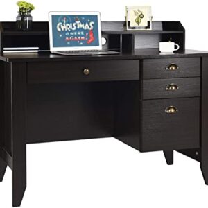 Catrimown Computer Desk with Drawers and Hutch, Farmhouse Wood Home Office Desk Kids Writing Study School Student Desk PC Laptop Desk Bedroom for Small Spaces, Espresso Brown