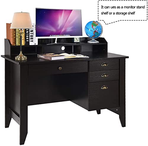 Catrimown Computer Desk with Drawers and Hutch, Farmhouse Wood Home Office Desk Kids Writing Study School Student Desk PC Laptop Desk Bedroom for Small Spaces, Espresso Brown