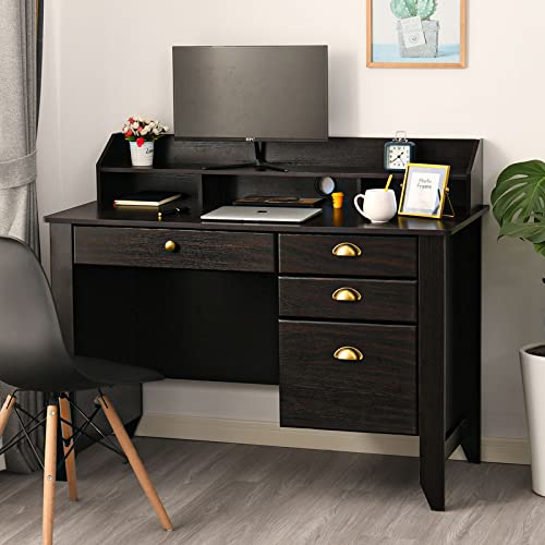 Catrimown Computer Desk with Drawers and Hutch, Farmhouse Wood Home Office Desk Kids Writing Study School Student Desk PC Laptop Desk Bedroom for Small Spaces, Espresso Brown