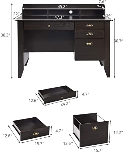 Catrimown Computer Desk with Drawers and Hutch, Farmhouse Wood Home Office Desk Kids Writing Study School Student Desk PC Laptop Desk Bedroom for Small Spaces, Espresso Brown