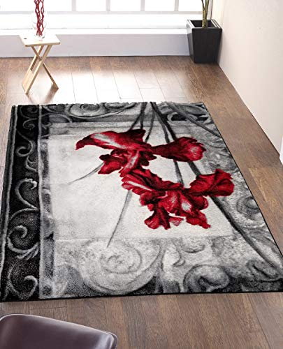 HT Design Rectangular Area Rug for Living Room, Floral Black and Red 7x10 Modern Rugs, Easy to Clean, Pet Friendly Indoor Carpet for Living Room