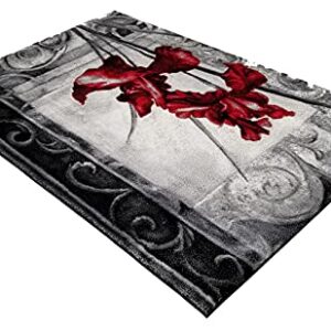 HT Design Rectangular Area Rug for Living Room, Floral Black and Red 7x10 Modern Rugs, Easy to Clean, Pet Friendly Indoor Carpet for Living Room