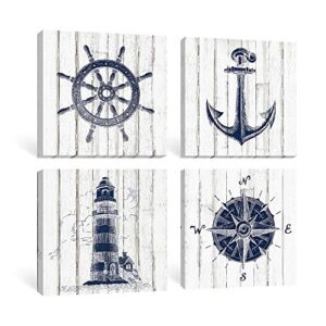 adecuado nautical wall art beach home decor boat anchor paintings helm drawing compass lighthouse rustic style pictures dark blue artwork ready to hang for bathroom living room 12×12 inch, 4 panels