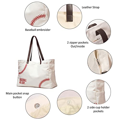 YHSHYZH Oversize Baseball Mom Tote Bag Embroidery Baseball seams Prints Purse Utility Shoulder HandBag Cotton Canvas Sports Travel Stuff Beach Bags Gifts for Women Men Kids(X-large white) …