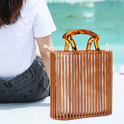 Fashion Handwoven Bamboo Handle Handbags, Retro Summer Beach Tote Bag Summer Purses for Holiday Travel Shopping