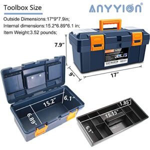 Anyyion 17-inch Tool Box with Removable Tray , Small Parts Box On The Lid is Removable, Tray Can be Removed and Combined at Will (Blue)