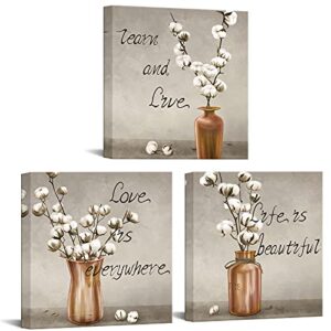 nachic wall 3 piece farm wall art vintage cotton flowers painting picture prints on canvas rustic life love quotes brown artwork for farmhouse living room kitchens wall decor framed ready to hang