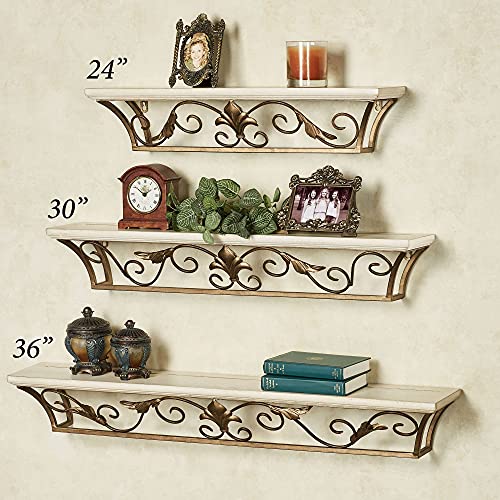 Touch of Class Delia Ivory Wooden and Gold Metal Fleur De Lis Wall Shelf - Elegant Organizer Decor - Floating Shelves Mount - Decorative Shelving for Bedroom, Living Room, Kitchen, Office