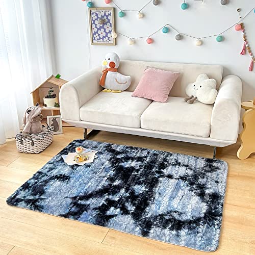 NEWCOSPLAY Faux Fur Area Rug Rainbow Tie Dye Carpet Playing Mat for Girls Bedroom Living Room Home Décor (2' x 3', Grey Rainbow)