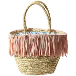 hadley wren natural straw handbag, pink fringe