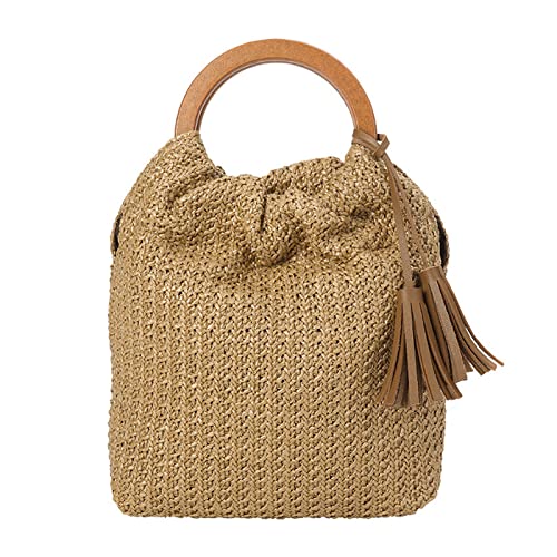 Women Tassels Straw Woven Handbag Wooden Top Handle Bucket Bag Summer Beach Travel Tote