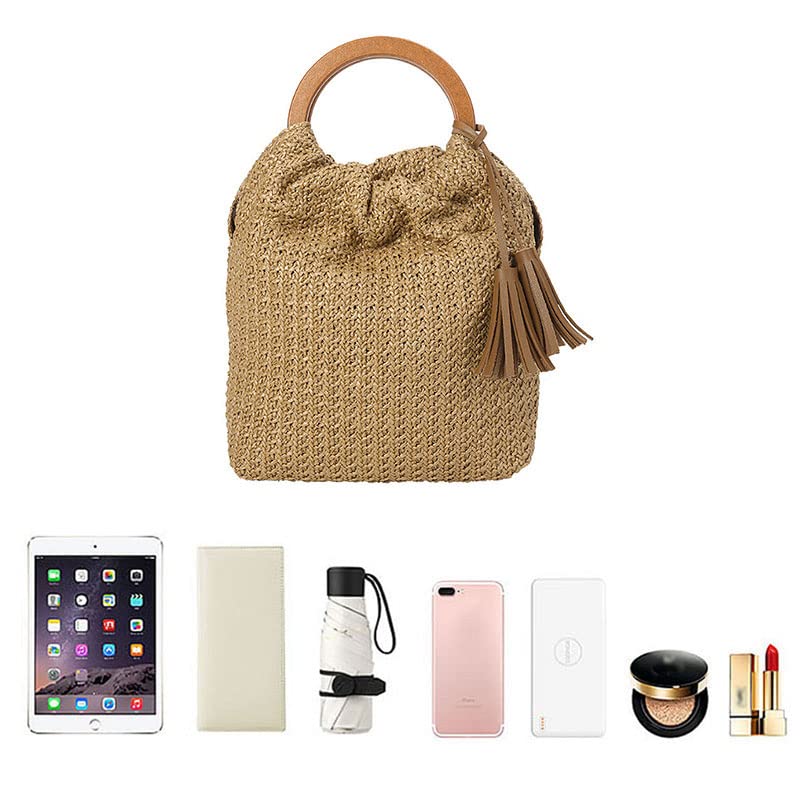 Women Tassels Straw Woven Handbag Wooden Top Handle Bucket Bag Summer Beach Travel Tote