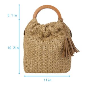 Women Tassels Straw Woven Handbag Wooden Top Handle Bucket Bag Summer Beach Travel Tote