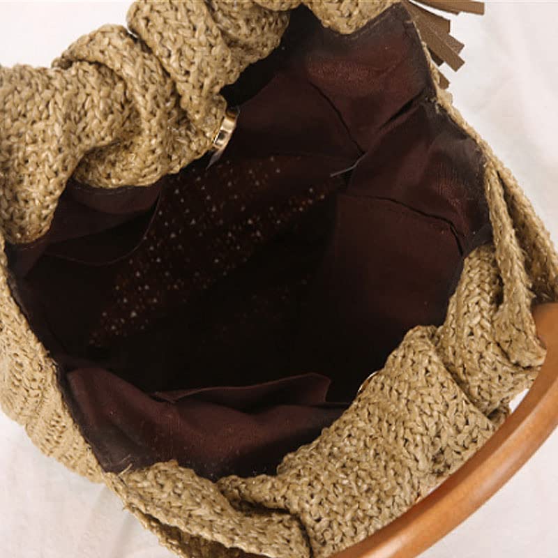 Women Tassels Straw Woven Handbag Wooden Top Handle Bucket Bag Summer Beach Travel Tote