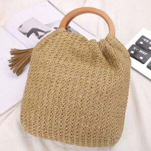 Women Tassels Straw Woven Handbag Wooden Top Handle Bucket Bag Summer Beach Travel Tote