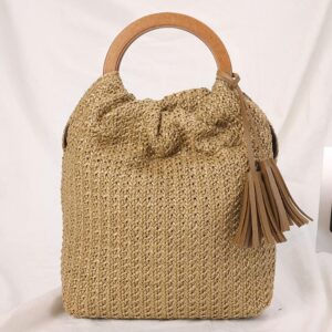 Women Tassels Straw Woven Handbag Wooden Top Handle Bucket Bag Summer Beach Travel Tote