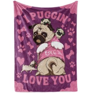 innobeta pug blanket, pug gifts, i puggin’ love you, pug flannel blanket for pug lovers, soft throw blanket for women, girlfriend, besties, wife, bed, sofa blanket 50″x 65″