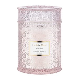 la jolie muse candle gift for women, rose scented candle, wood wicked glass jar candles for home scented, large candle, long burning time, 19.4 oz