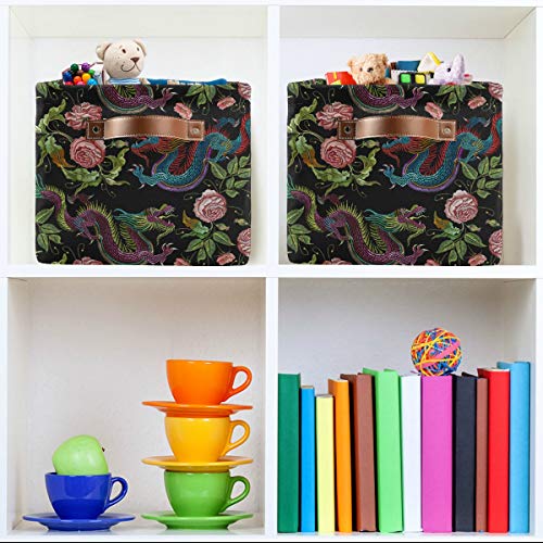 KEEPREAL Embroidery Chinese Dragon Storage Basket Bin, Large Cube Storage Box Canvas Collapsible Storage Organizer for Home Office Closet - 15 L x 11 W x 9.5 H