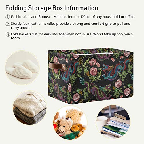 KEEPREAL Embroidery Chinese Dragon Storage Basket Bin, Large Cube Storage Box Canvas Collapsible Storage Organizer for Home Office Closet - 15 L x 11 W x 9.5 H