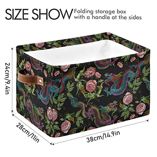 KEEPREAL Embroidery Chinese Dragon Storage Basket Bin, Large Cube Storage Box Canvas Collapsible Storage Organizer for Home Office Closet - 15 L x 11 W x 9.5 H