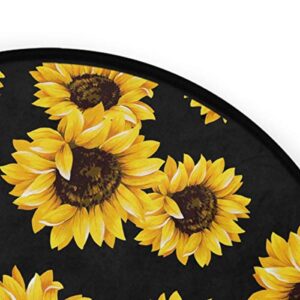 Round Area Rug Non-Slip Large Circle Rugs 3-Feet Diameter for Living Room Bedroom Beautiful Modern Microfiber Soft Carpet Machine Washable Floor Mat Home Decor (Black Sunflower)