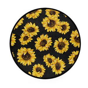 Round Area Rug Non-Slip Large Circle Rugs 3-Feet Diameter for Living Room Bedroom Beautiful Modern Microfiber Soft Carpet Machine Washable Floor Mat Home Decor (Black Sunflower)