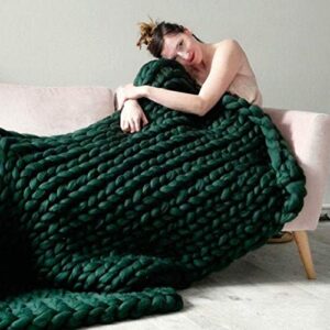 inverse growth handmade chunky knit blanket large thick wool bulky knitting throw for bedroom decor pet bed chair mat rug dark green 48″×60″