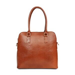 la reina women’s genuine leather handmade handbags shoulder tote organizer top handles crossbody bag satchel designer purse, crocodile pattern (tan)