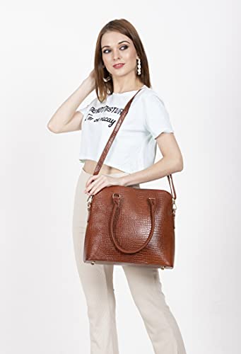 La Reina Women's Genuine Leather Handmade Handbags Shoulder Tote Organizer Top Handles Crossbody Bag Satchel Designer Purse, Crocodile Pattern (TAN)