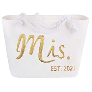 Wifey Bride Tote Bag for Wedding with Zipper Mrs. EST. 2021 Large Beach Shoulder Bride Bag for Engagement with Gold Sequin Shower Honeymoon Gift White