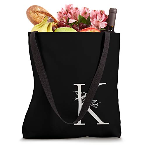 Elegant Black & White Botanical Floral Monogram Initial K Tote Bag