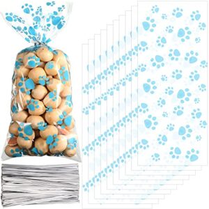 blulu 100 pieces pet paw print cone cellophane bags heat sealable candy bags dog paw gift bags cat treat bags with 100 pieces silver twist ties for pet treat party favor(blue)