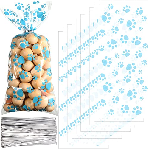 Blulu 100 Pieces Pet Paw Print Cone Cellophane Bags Heat Sealable Candy Bags Dog Paw Gift Bags Cat Treat Bags with 100 Pieces Silver Twist Ties for Pet Treat Party Favor(Blue)