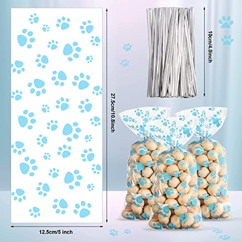 Blulu 100 Pieces Pet Paw Print Cone Cellophane Bags Heat Sealable Candy Bags Dog Paw Gift Bags Cat Treat Bags with 100 Pieces Silver Twist Ties for Pet Treat Party Favor(Blue)