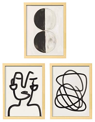 ArtbyHannah 11x14 Framed Abstract Wall Art Set of 3 with Minimalist Black Line Prints for wall decor