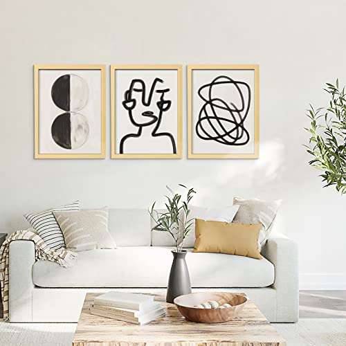 ArtbyHannah 11x14 Framed Abstract Wall Art Set of 3 with Minimalist Black Line Prints for wall decor